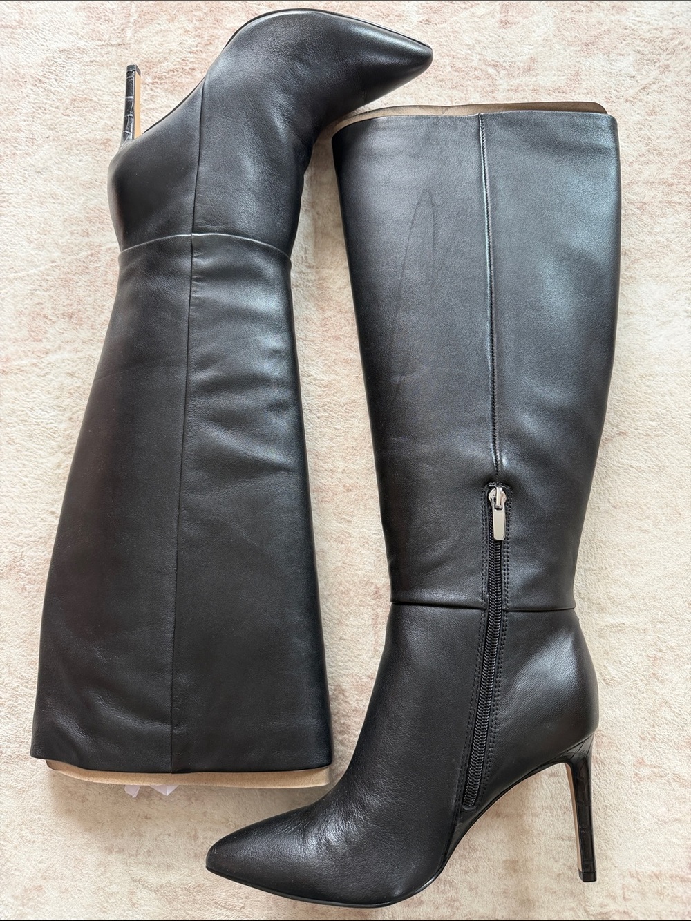 Nine West Richy Black Leather Knee-High Stiletto Boots with Side Zip Wide Calf